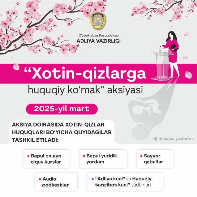 "Xotin-qizlarga huquqiy ko'mak" aksiyasi o'tkaziladi